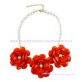 Graceful and Fashionable Imitation Pearl Necklaces with Three Big and Red Camellia Flower Hanging